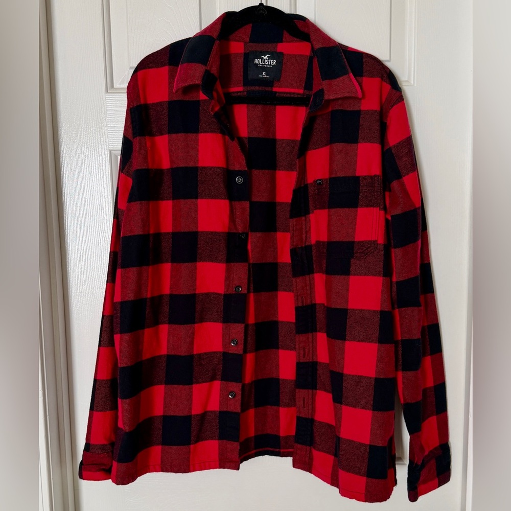 Hollister Buffalo Plaid Flannel Shirt Button Down Red Black XL